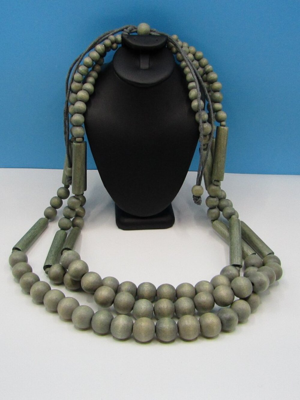 Necklace | Grey Natural Wood Beads & Barrels Three Strand| Leather Rope | Women